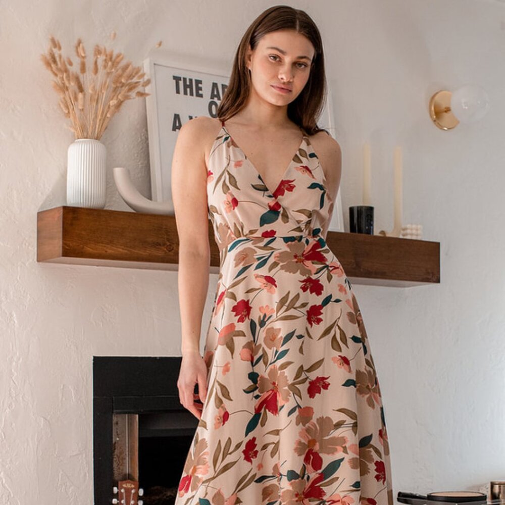 Lulus Resounding Beauty Beige Floral Print Surplice Maxi Dress - Size M